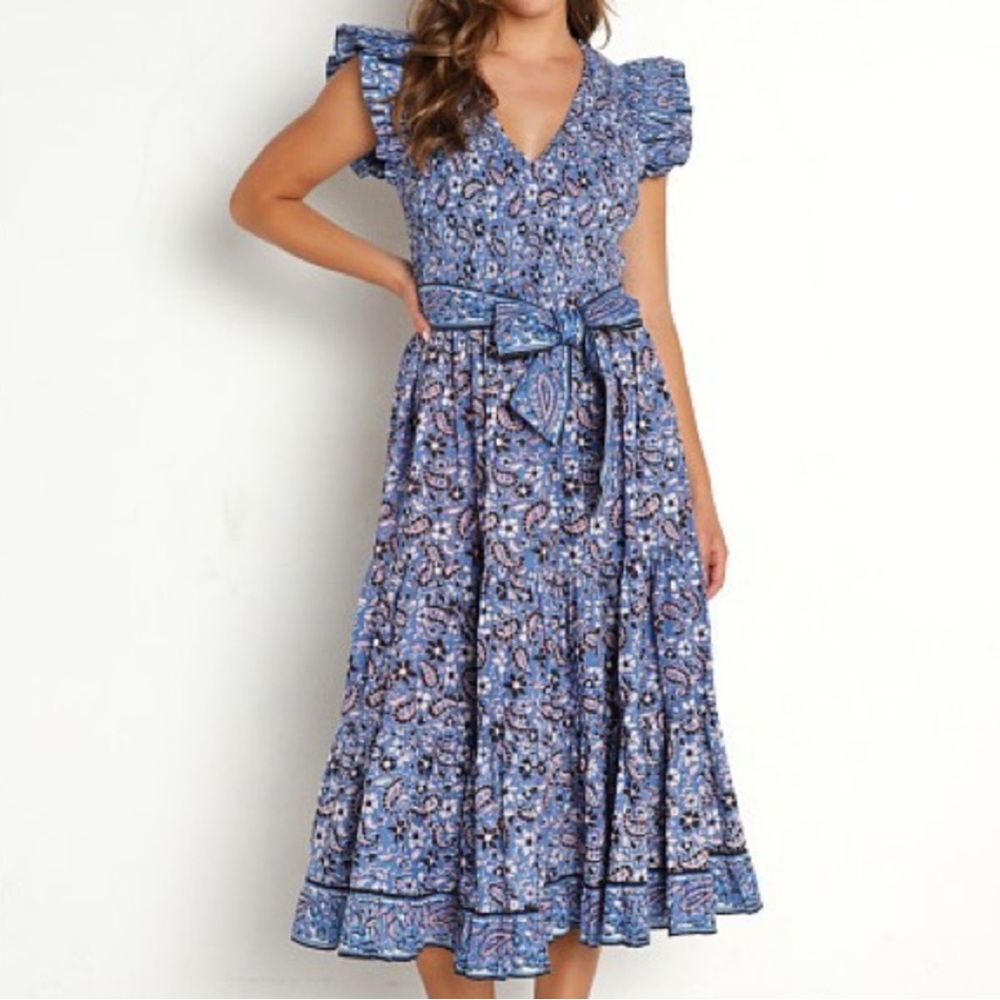 Cleobella Blue and White Ruffled Wrap Midi Dress